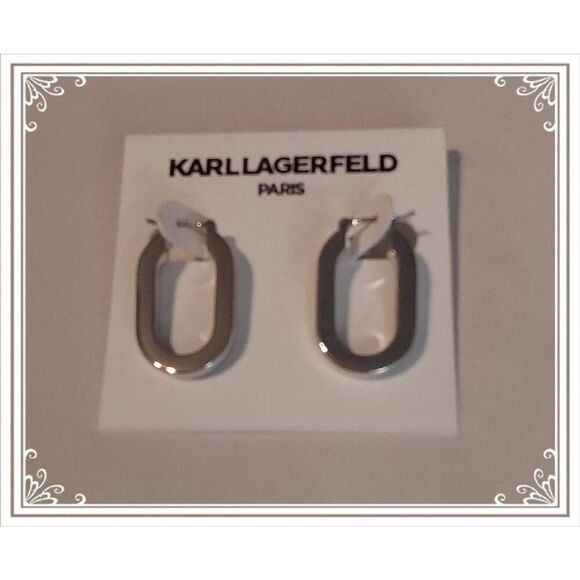 NWT~KARL LAGERFELD Classic High Polished Silver Oval Hoop Earrings - Picture 1 of 5
